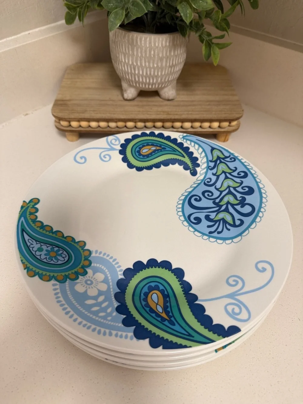Royal Norfolk Set of 5 Dinner Plates Blue Green Paisley Print 10.5” Coastal Boho